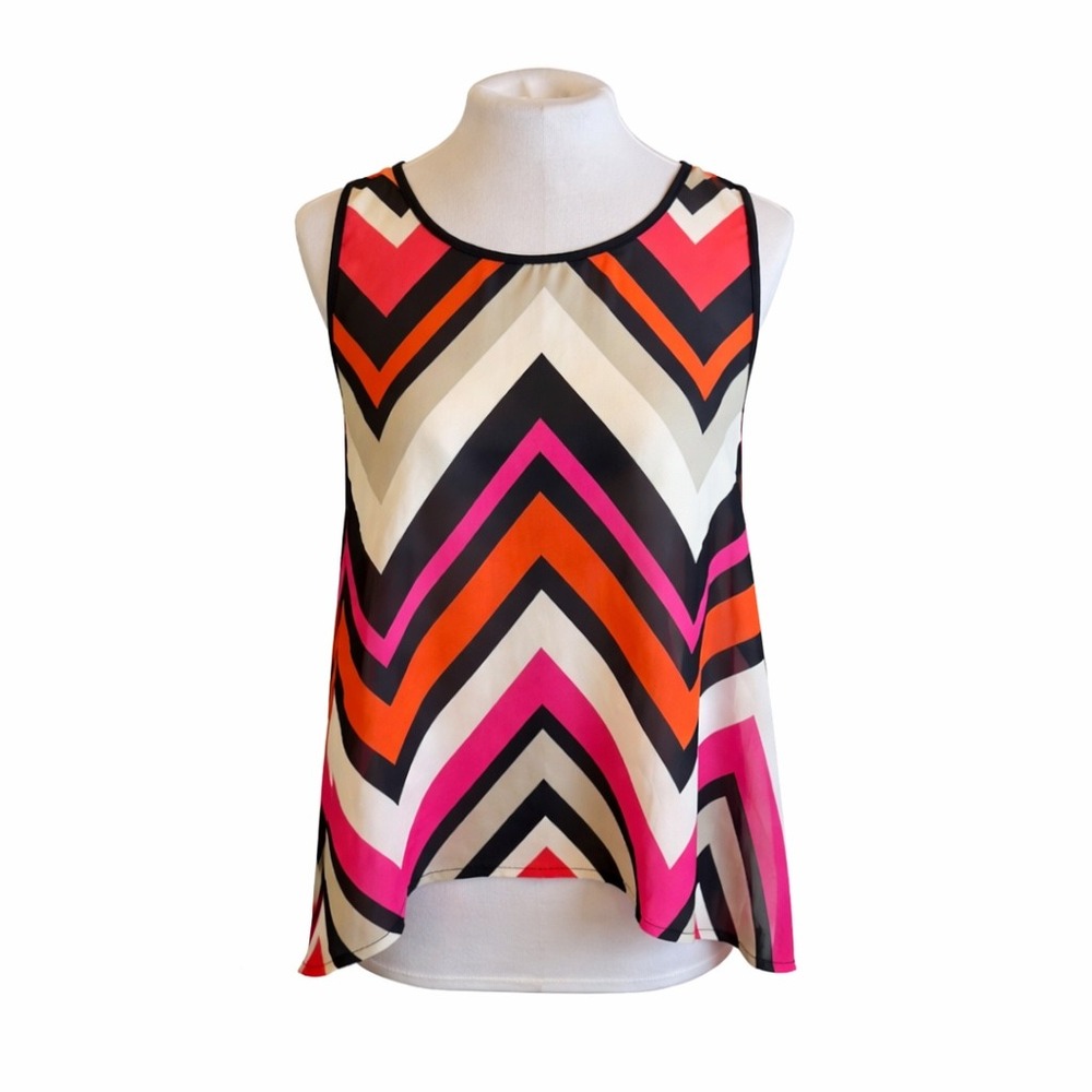 Pink Orange Chevron Sleeveless Chiffon Tank Top Open Back XL Sheer